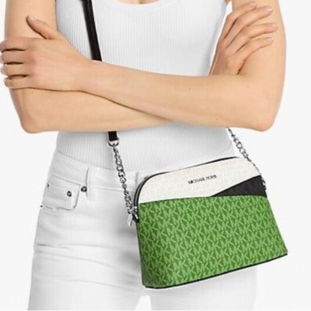 New Michael Kors Jet Set Travel Medium Dome Crossbody Jungle Green Multi - Picture 2 of 4